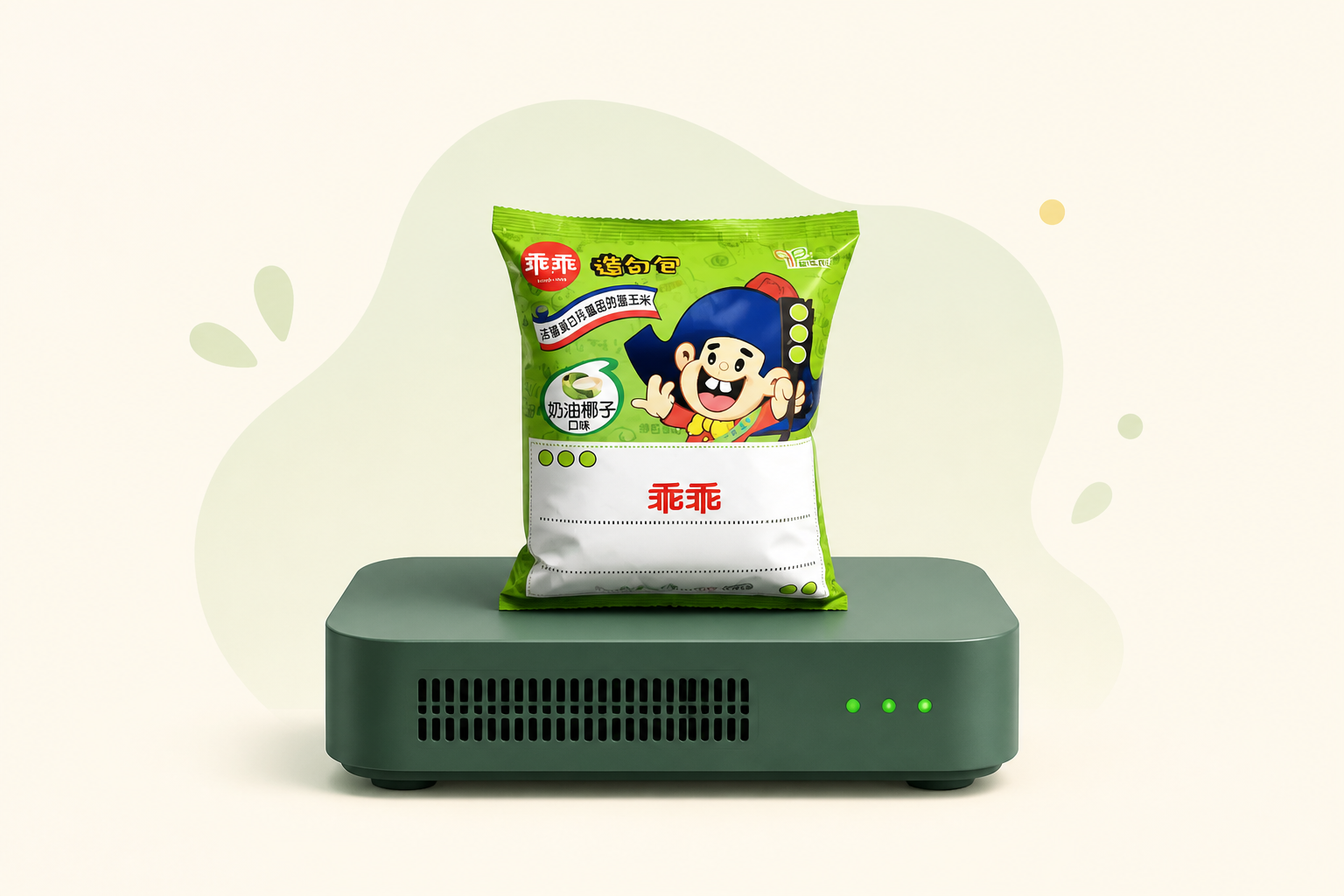 A green Kuai Kuai packet resting on a server